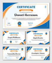 Degree Certificate layout with blue-orange shapes, bold title, name box, award badge, date field, and signature area.