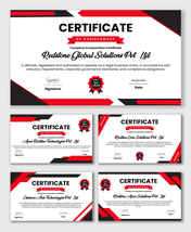 Company Incorporation Certificate with red black layout, ribbon title, badge seal, text fields, LLC Good Standing Certificate