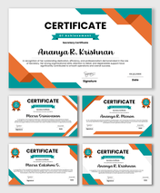 Secretary Certificate with teal orange shapes, ribbon title, name text holder, badge seal, date signature.