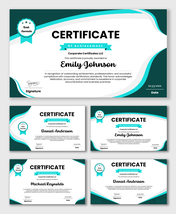 Corporate Certificates LLC design with teal waves, ribbon title, award badge, name text, date.