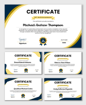 Award Of Recognition Certificate with blue gold curves, award badge, name text, signature fields.