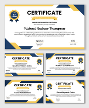 Awards And Recognition Certificates with blue gold layout, ribbon title, award badge, name text.