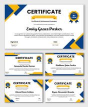 Certificate Of Achievement Examples with blue yellow layout, award badge, name text, date.