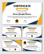 Certificates Of Accomplishment with blue yellow shapes, award badge, name text, date.
