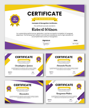 Examples Of Recognition Certificates with purple yellow shapes, award badge, name, date fields.