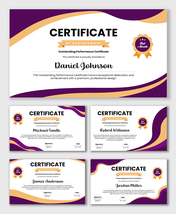 Outstanding Performance Certificate with purple gold waves, award badge, name, date fields.