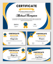 Customizable Certificate Of Achievement with blue yellow curves, award badge, name and date fields.