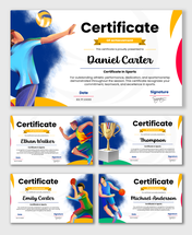 Certificate In Sports with athlete illustration, trophy icon, name text, date and signature fields.