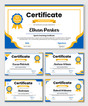 Nonprofit Management Certificate with blue-yellow theme, award badge, recipient name, date, and signature fields.