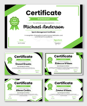 Sports Management Certificate with green-black theme, award badge, recipient name, date, and signature.