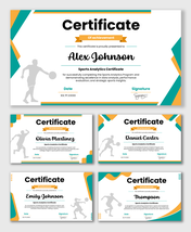 Sports Analytics Certificate with teal-orange colors, athlete silhouette, name field, date, and signature.
