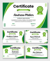 Certificate In Sports Nutrition with green theme, award badge, curved shapes, name, date, signature.