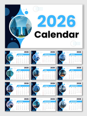 2026 Calendar Printable with monthly grids, blue theme, city photos, clean layout, all months shown.