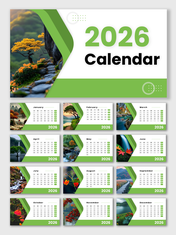 Calendar 2026 Printable designed with nature photos, green tones, clear month boxes, and modern layout.
