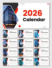 Year 2026 Calendar with red black theme, building photos, monthly grids, clear dates, and clean layout