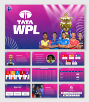 Womens Premier League 2026 presentation showing trophy, teams, captains, schedule, points table, purple theme