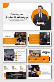 Consumer Protection Lawyer slide showing rights, legal process, court visuals, icons, and clean orange layout.