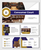 Consumer Court slides with courtroom visuals, gavel icons, blue gold theme, explaining dispute resolution.