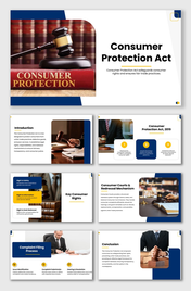 Consumer Protection Act slides with gavel visuals, blue yellow theme, explaining rights and redressal.