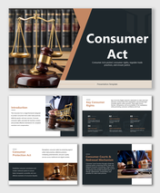 Consumer Act slides with gavel and scale visuals, dark tones, explaining rights and court process.