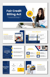 Fair Credit Billing Act slide with blue-yellow design, credit cards, billing error icons, and dispute steps.