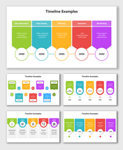 Timeline Examples with color-coded stages, icons, year circles, rounded text boxes, and clear process flow.