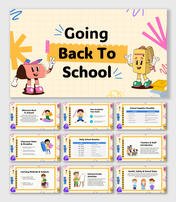 Going Back To School colorful slides with cartoon pencil, school bag, pastel grid, playful shapes, text boxes, and tables.