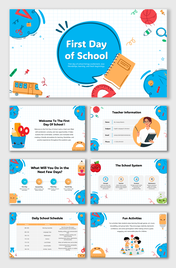First Day Of School blue grid slides with speech bubble title, icons, tables, rounded text boxes, and playful shapes.