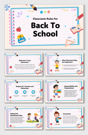 Classroom Rules For Back To School colorful slides with student icons, rule cards, pastel shapes, and clear text boxes.
