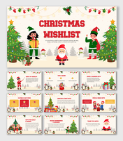 Christmas Wishlist Template with red green festive theme, Santa, kids, gifts, icons, rounded cards, and wishlist sections.