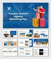 Travel And Tourism Agency Marketing Plan with blue theme, travelers, suitcases, plane icon, destination cards, and offers.