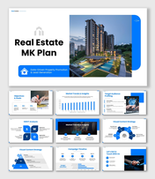 Real Estate MK Plan with luxury apartment image, blue white theme, clean text blocks, icons, and charts.