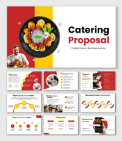 Catering Proposal with gourmet food image, chef photo, red yellow theme, circular shapes, icons, clean text blocks.