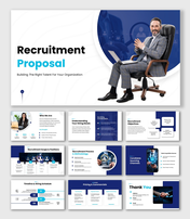 Recruitment Proposal slide with blue theme, executive image, icons, charts, structured hiring process layout.