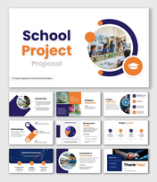 School Project Proposal slide with student activity image, blue orange theme, icons, charts, shapes, and clean layout.
