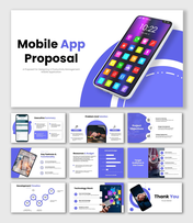 Mobile App Proposal slide with smartphone mockup, colorful app icons, blue theme, clean layout, modern shapes.