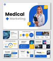 Medical Marketing slide with blue-yellow layout, doctor image, icons, charts, KPIs, rounded shapes, and text panels.
