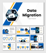 Data Migration Project Proposal with blue theme, flow diagrams, charts, icons, tables, and structured text sections.