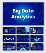 Big Data Analytics slides in blue theme with flow diagrams, charts, icons, structured layouts, and clear data insights.
