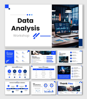 Data Analysis Workshop with blue-white slides, laptop dashboards, charts, process flow, tools tables, and clean icons.