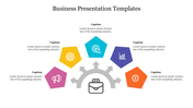 Business presentation slide with a central briefcase surrounded by five colorful icons representing key business concepts.