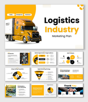 Logistics Industry Marketing Plan with yellow truck visual, bold text, charts, icons, clean layout, and modern shapes.