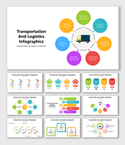 Transportation And Logistics Infographics with colorful circular icons, truck graphic, process flow charts, clean text blocks