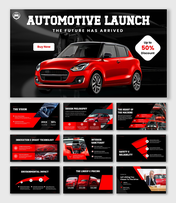 Automotive Launch presentation with red car visual, black-red theme, bold text, pricing, offers, and CTA