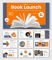 Book Launch presentation with orange theme, open book visual, discount offer, pricing details, and buy now CTA.