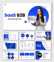 SaaS B2B Marketing Plan Blue Theme With Laptop, Charts, Funnel, KPI Graphs, Tables, Circle Shapes.