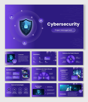 Cybersecurity Project Management Purple Gradient With Shield Lock, Lifecycle Wheel, Stakeholders, Tools Slides.