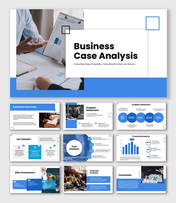 Business Case Analysis Sample Blue Theme With Problem Slides, Cost Analysis, Risk Assessment And Financial Charts.