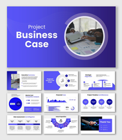 Project Business Case Purple Gradient Theme With Financial Charts, Timeline, Risk Matrix And Strategy Slides.