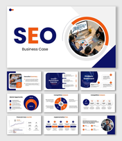 SEO Business Case Blue Orange Theme With Performance Charts, ROI Graphs, Competitive Analysis And Strategy Slides.
